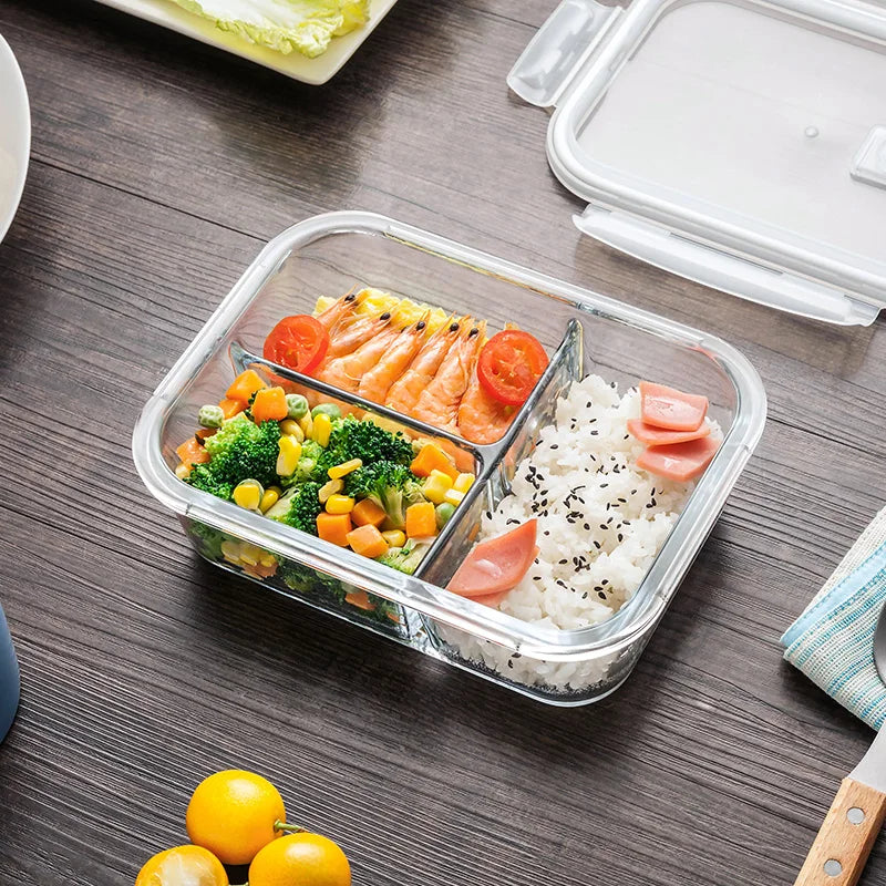 Glass 2 Compartment Food Storage Containers with Lids Divided Glass Fresh Lunch Box