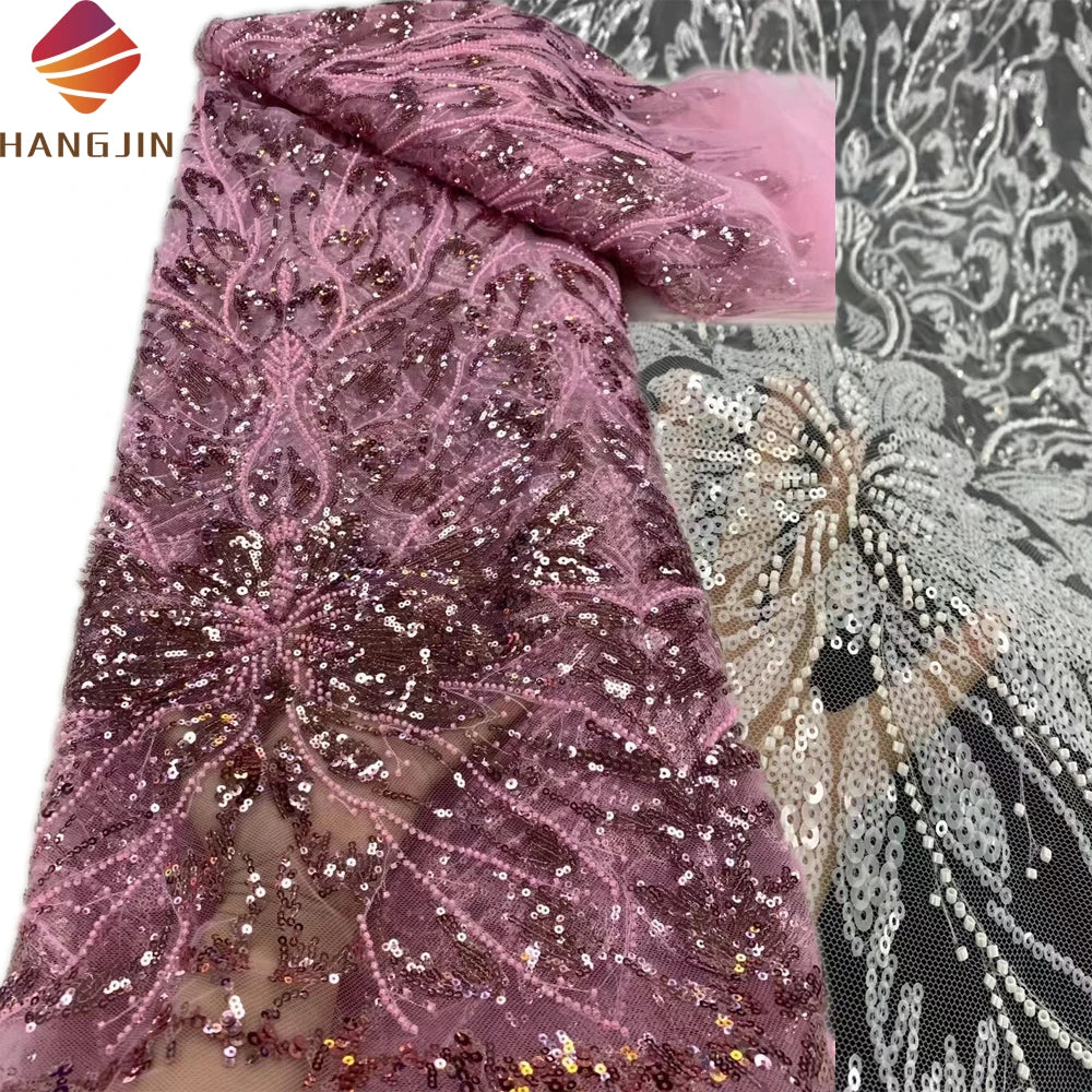 Heavy Handmade Embroidery Beaded Lace Fabric With Sequins Tulle Lace Fabric High Quality for Party Wedding Dress