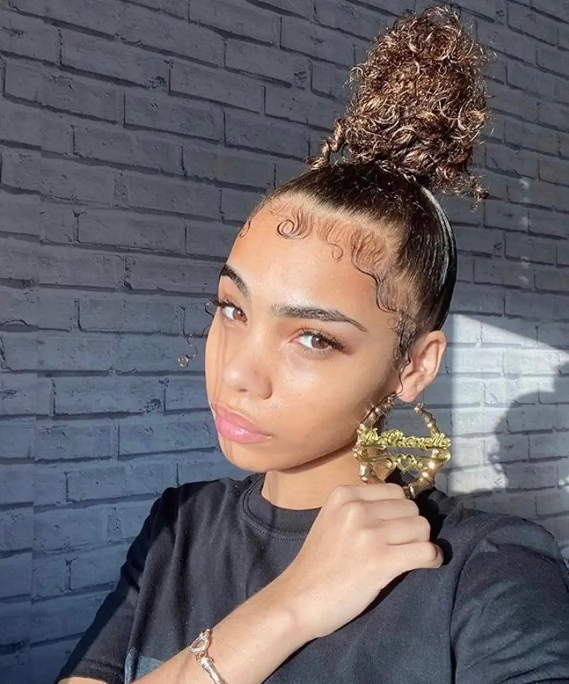 Hip Hop Geometric Earrings With Custom Letters 18k Gold Plated Large Size Bamboo Hoop Earrings
