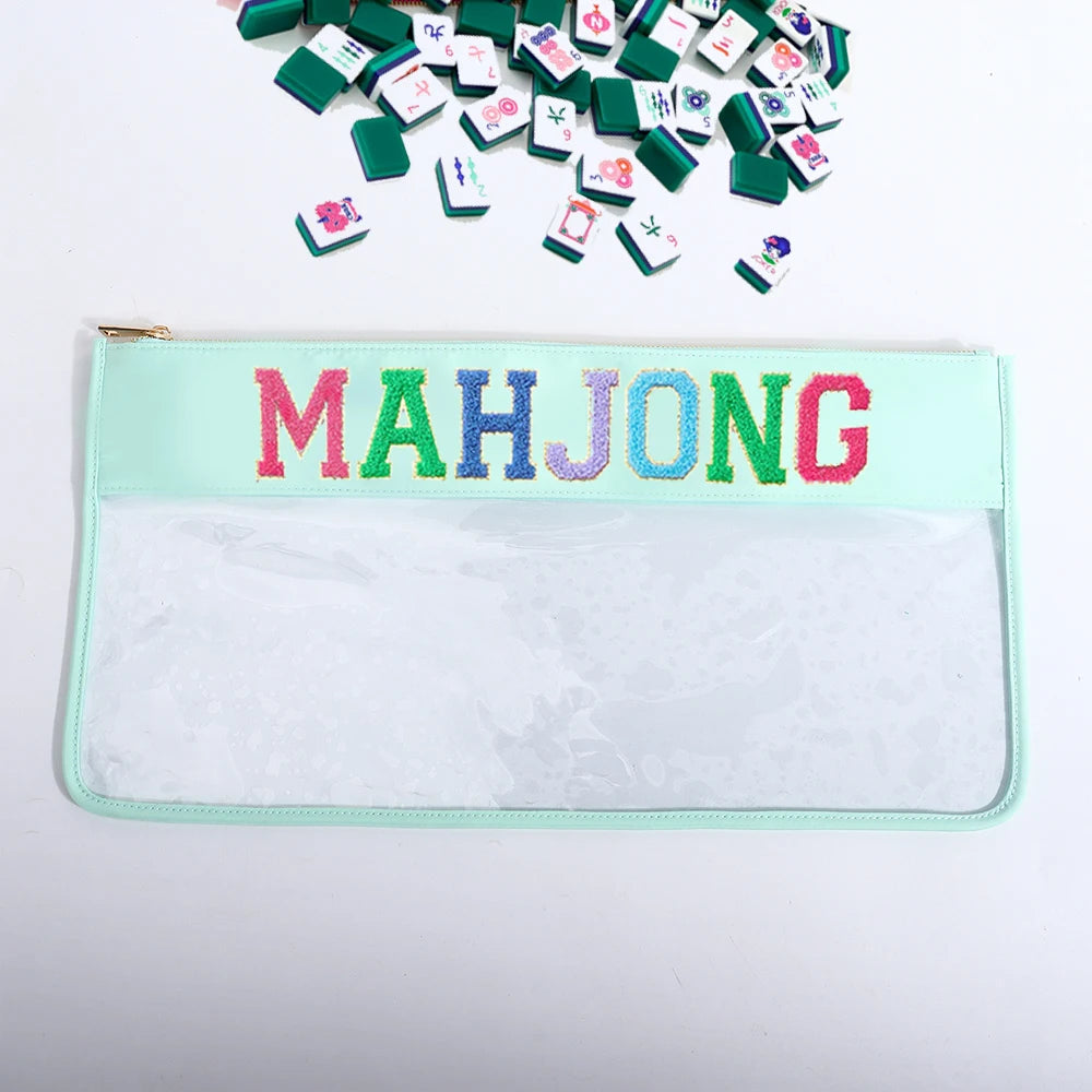 Keymey Custom Embroidery Chenille Letter Patch Stitched Birdie Zippered Mahjong Tile Bag Clear Mahjong Bag Mahjong Storage Bag