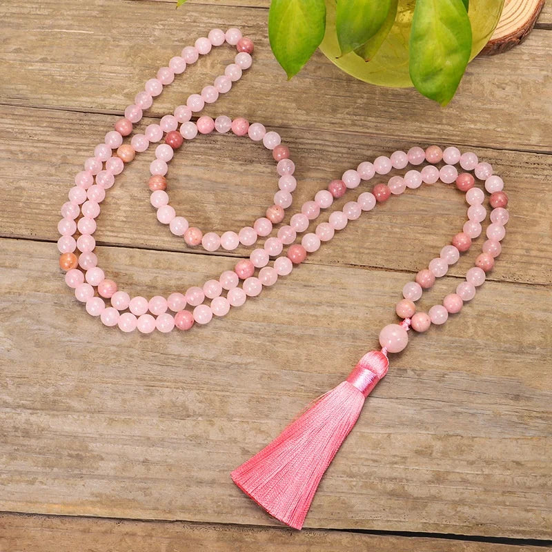 Hot Selling 108 Beads Mala Prayer Tassel Necklace Healing Calming Necklace Rose Quartz Stone Beads Meditation Necklace Gift