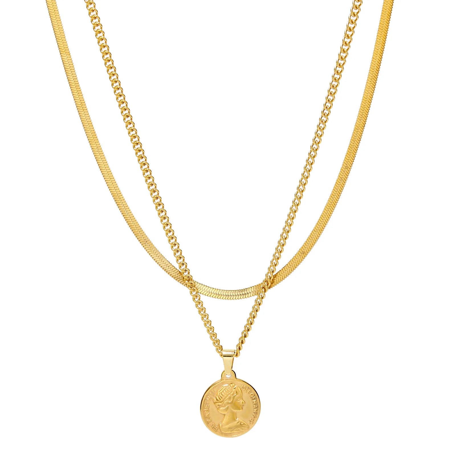 European and American Vintage Double Layer 18k Gold Plated Stainless Steel Portrait Pendant Necklace