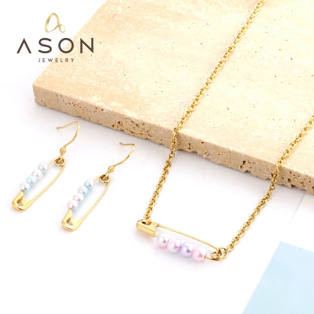 Ason in Stock Wholesale Jewelry Women Set Fashion PVD 18K Gold Colorful Pearl Necklace Set Jewelry Stainless Steel Jewelry Set