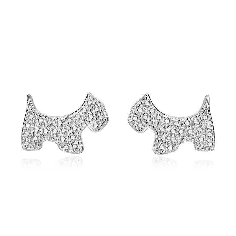 Cute 925 Sterling Silver Stud Earrings Women's Trendy Fashion with CZ Diamond Lovely Dog Animal Design