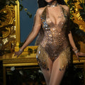 Sexy Gold Bling Sequins Tassel Ladies Backless Romper Dance Leotard Night Club Bodycon Short Jumpsuit Women One Piece Bodysuits
