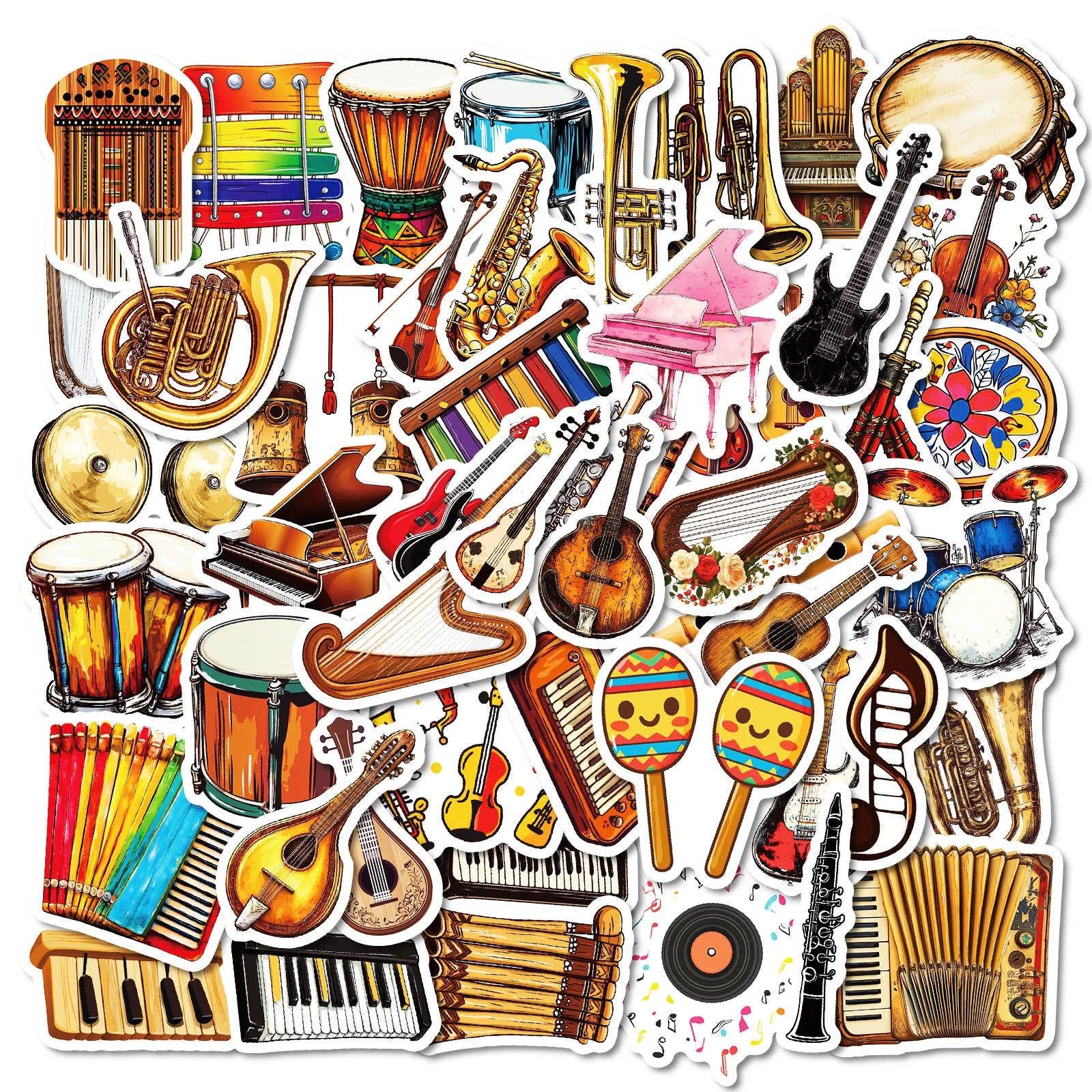 50 Pcs Creative Musical Instruments PVC Self Adhesive Stickers for Laptop Phone Case Suitcase Skateboard Table and Books