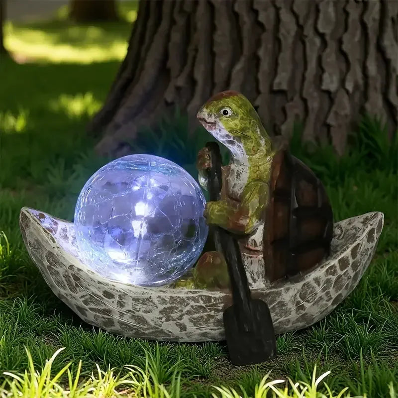 Resin Turtle Solar Lamp Modern Artistic Aged Look Cracked Ball Design Hand-painted Outdoor Garden Courtyard Nighttime Ornaments