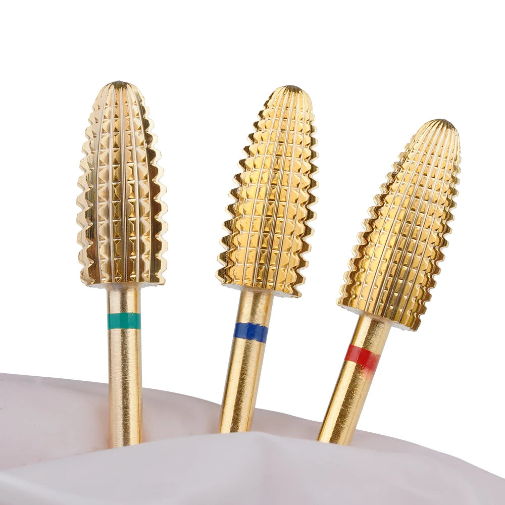 Typhoon Bits (2 Way) Long Shank Gold Coating YAQIN Nail Drill Bit Set Manicure Gel Removal Tungsten Carbide Nail Drill Bit
