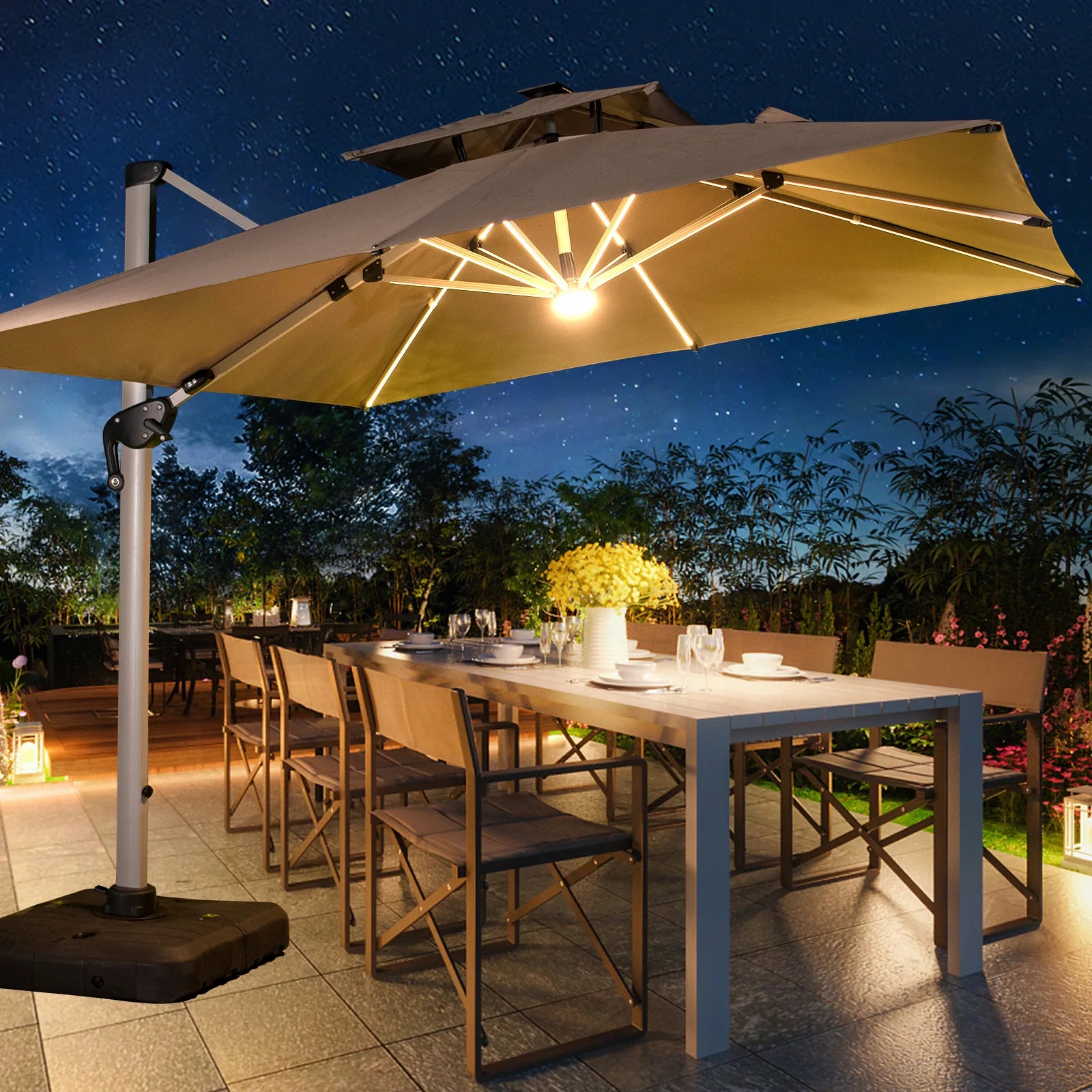 Cantilever Outdoor Parasol with Lights 300cm X 300cm LED Square Umbrella With150kg Water tank Base