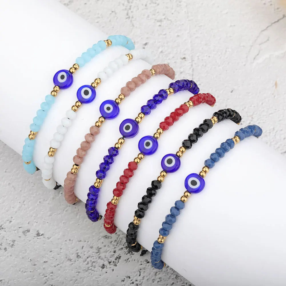 Handmade Adjustable Silk String Colorful Crystal Beads Turkish Blue Evil Eye Bracelet Jewelry for Woman