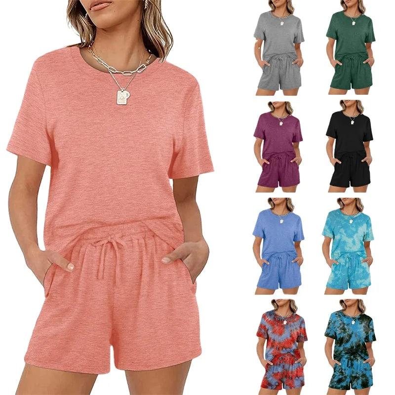 2025 Women's New Casual Elastic Lace-Up Pocket Shorts Set Solid Color Short Sleeve Work Out Sets for Women Plus Size