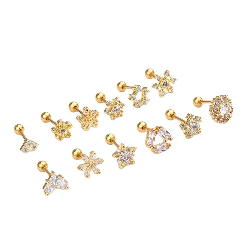 SY Fashion Stainless Steel Cartilage Gold Silver Heart Flower Stud Earring with Zircon for Women Jewelry