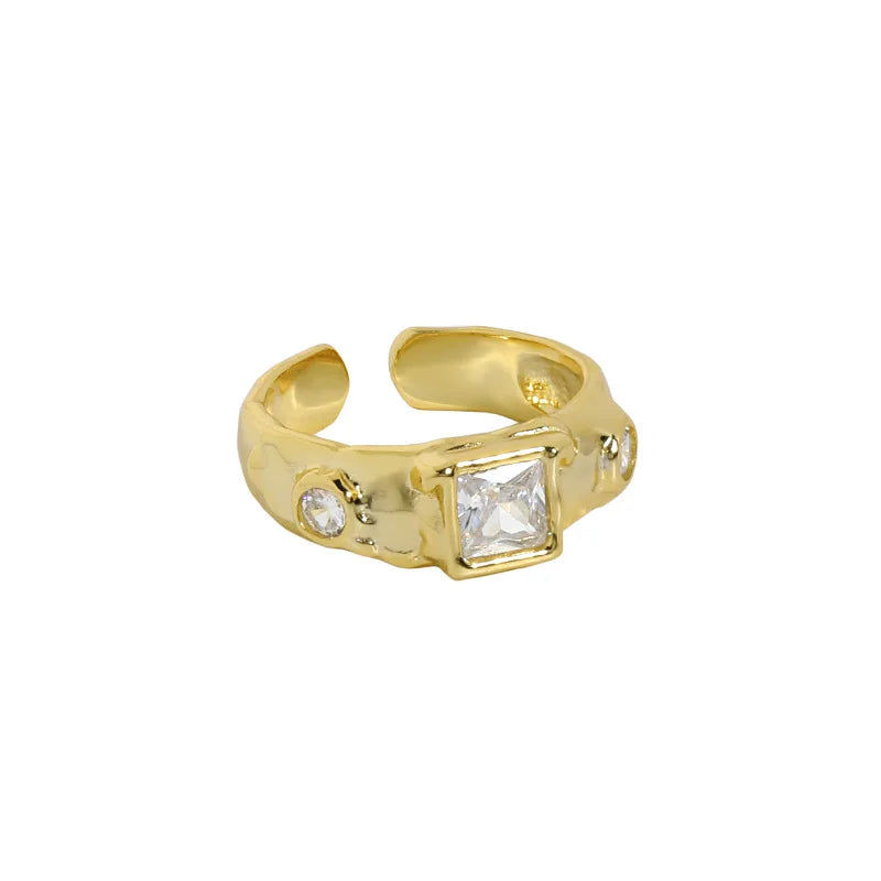 Irregular Surface Square Zircon S925 Sterling Silver Open Ring Texture CZ Wedding Fine Finger Rings