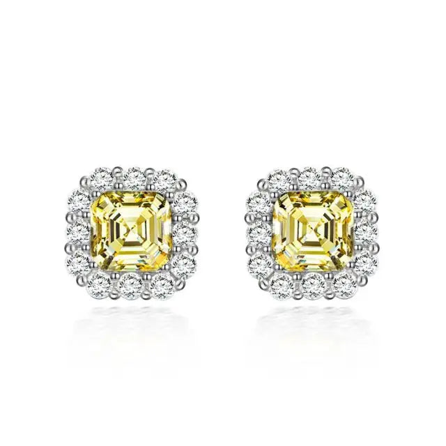 Rhodium Plated Fancy Shape Stud Earrings 925 Sterling Silver Cubic Zirconia Asscher Cut Earring