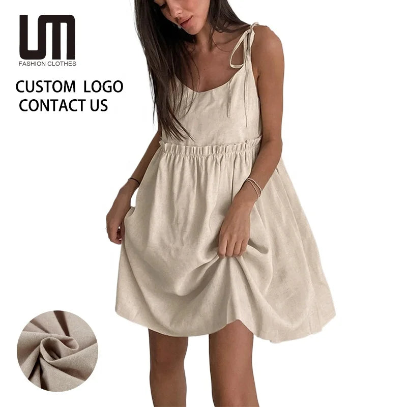 Cheap Wholesale Women Sexy Sleeveless Dress - Summer Casual Cotton Linen Loose Fit V-Neck Solid Color Dress (OEM/ODM)
