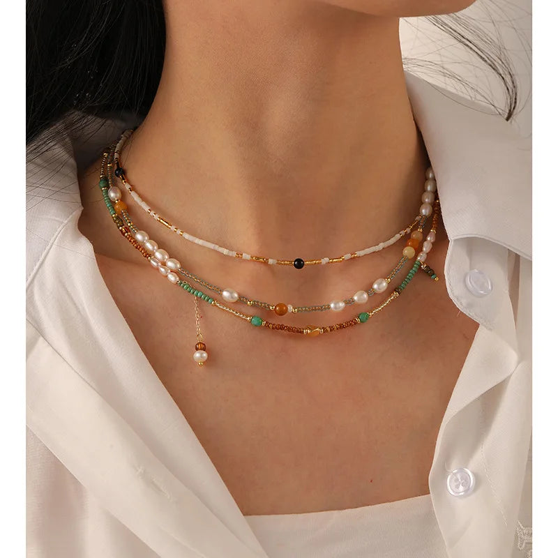New Summer Fashion Boho Necklace Colorful Beaded Stone Necklace Personality Freshwater Pearl Necklace for Women