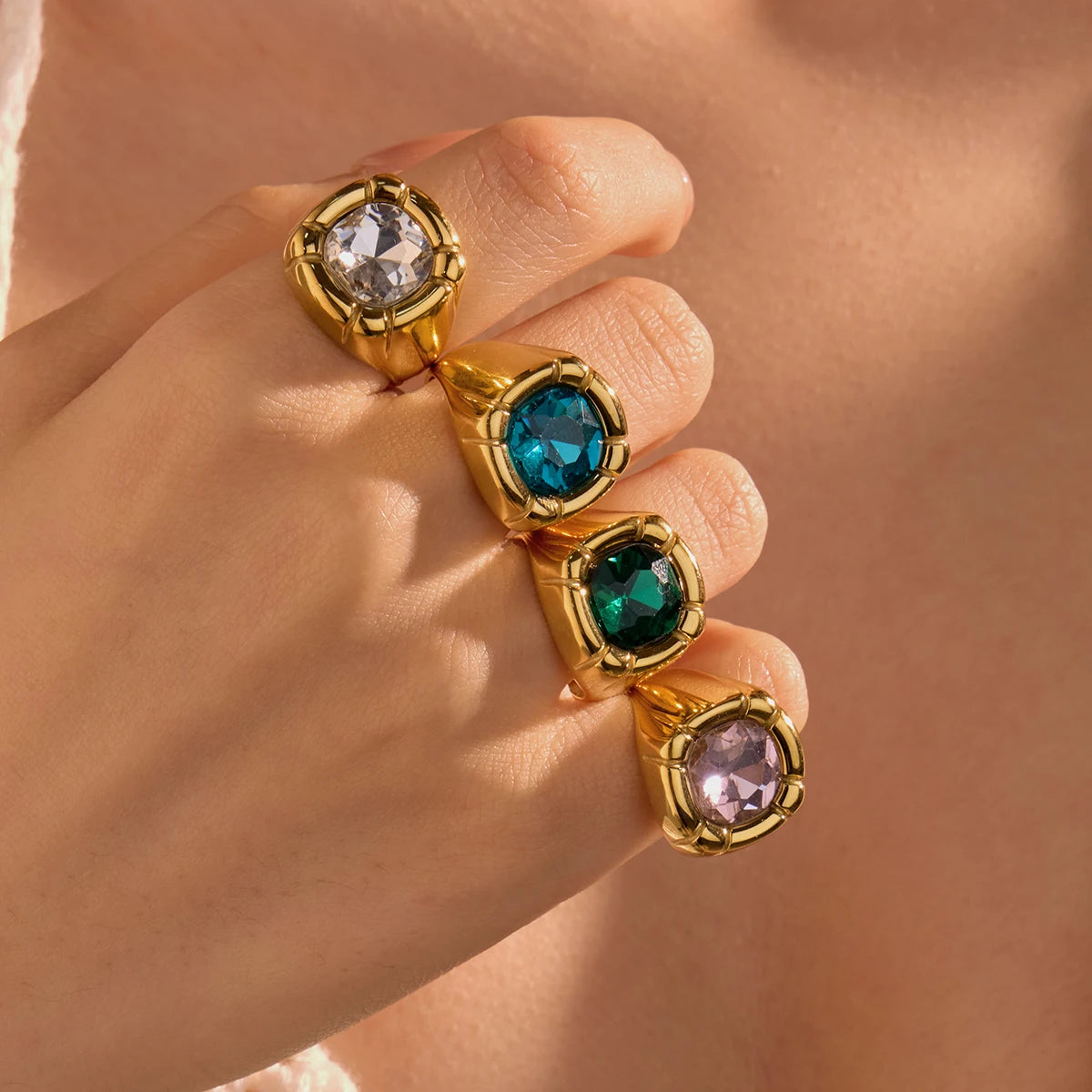 Big Cubic Zircon Ring Statement Non Tarnish Stainless Steel Zircon Ring for Women Waterproof 18K Gold Plated Jewelry