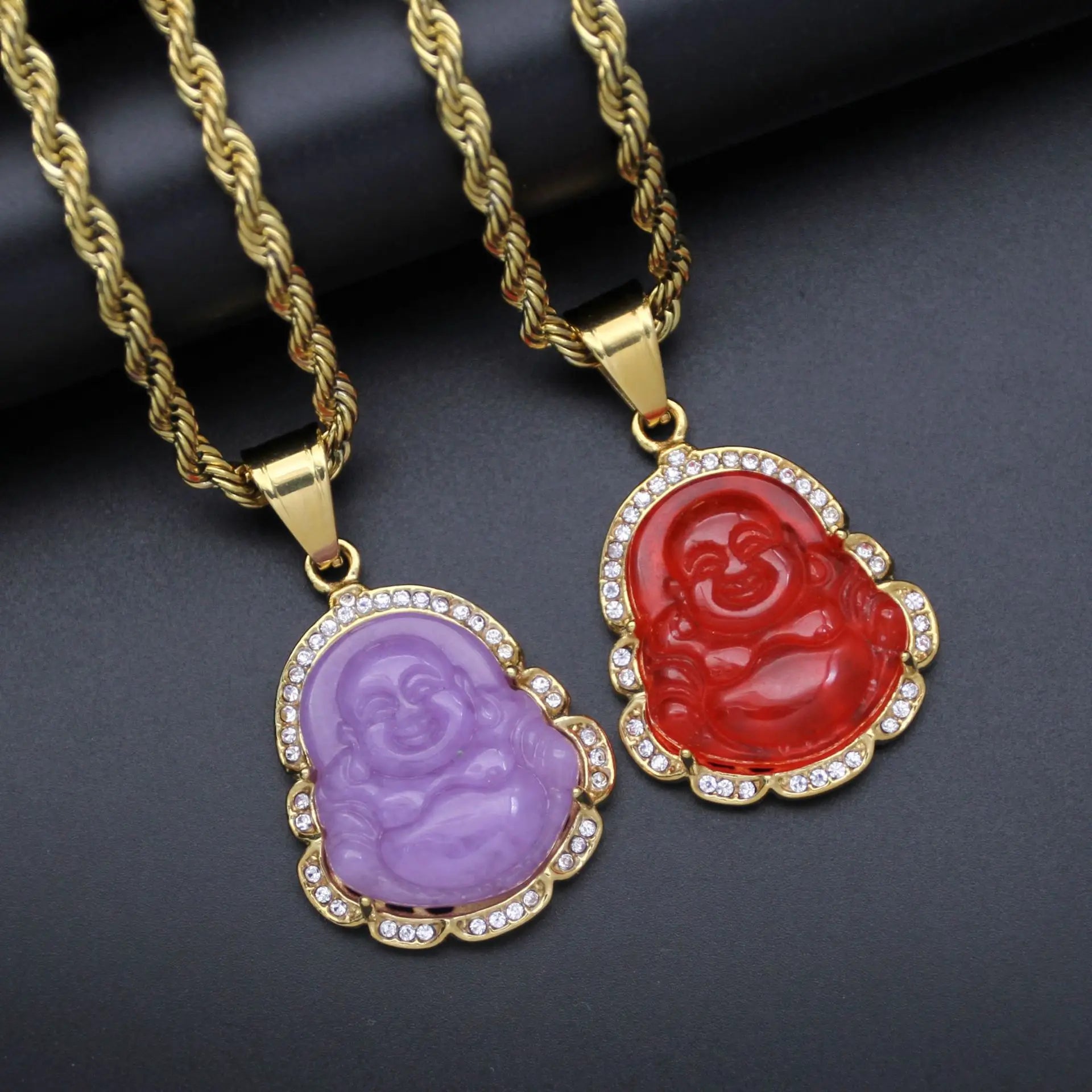 Fashion Buddhism Gift 18K Gold Plated Stainless Steel Real Natural Jade Lucky Laughing Buddha Pendant Necklace Jewelry