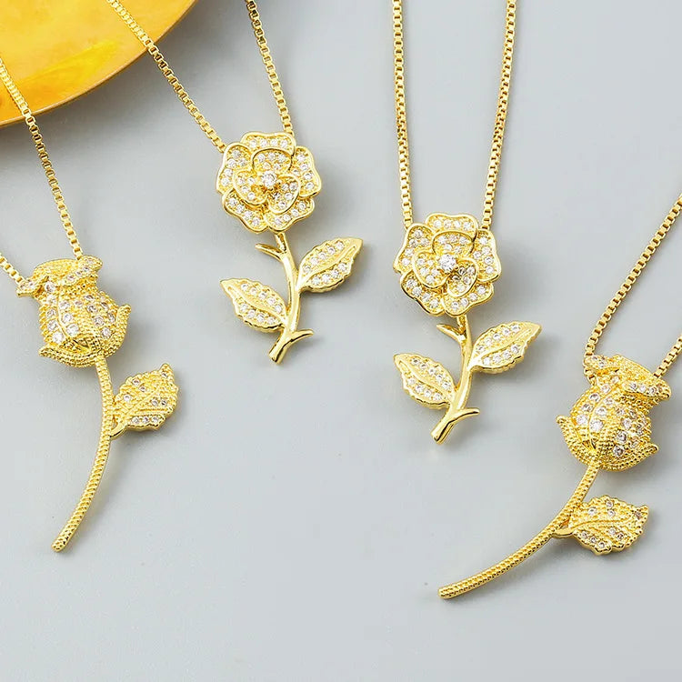 Lovers Valentine's Day Gift Femme Collier Gold Charms Rose Flower Pendant Necklace