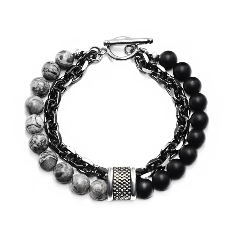 Fashionable Adjustable Yoga Bead Bracelet Stainless Steel Cuban Link Chain Big Green Lava Stone for Men Gift Item
