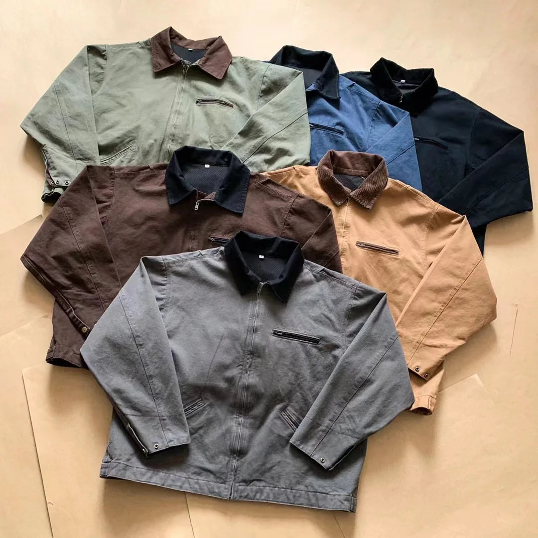 Varsity Jacket Men's Cotton Button Shirts Casual Long Sleeve Shacket Jacket With Pocket Acid Wash