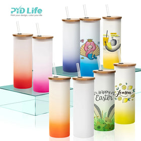 PYD Life 17oz/500ml Borosilicate Glass Sublimation Skinny Tumblers with Bamboo Lid and Straw BPA Free Reusable
