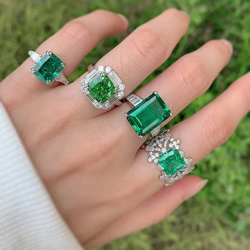 Big Green Stone 5A Zircon CZ Ring Engagement Custom Women Emerald 925 Sterling Silver Wedding Ring