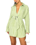 Customized Clothing OEM Factory Women Long Sleeves Collared Neckline Detachable Belt and Plisse Finish Fabric Mini Dress