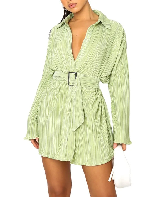 Customized Clothing OEM Factory Women Long Sleeves Collared Neckline Detachable Belt and Plisse Finish Fabric Mini Dress