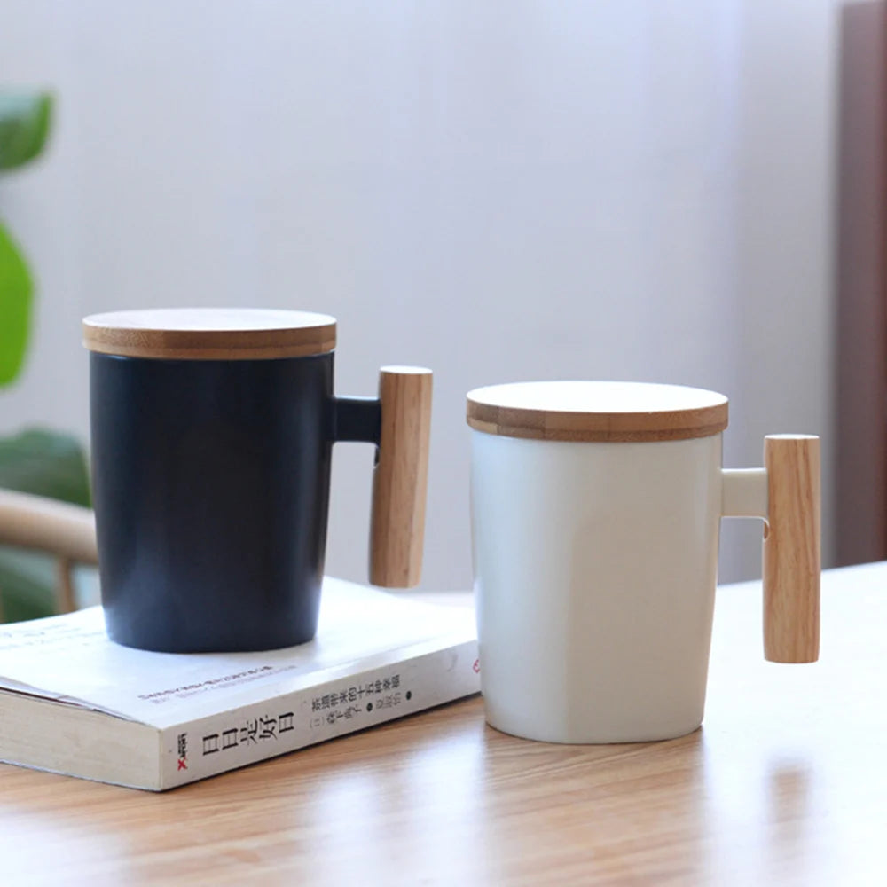 Custom Logo 400ML Matte Black White Ceramic Nordic Tea Coffee Mug with Lid Wooden Handle