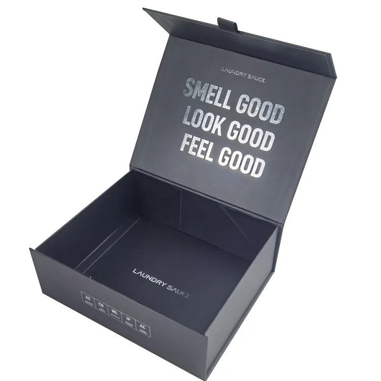 HENGXING Customized Silver Logo Luxury Black Foldable Magnetic Closure Cardboard Gift Box Packaging for Clothes Clothing T-shirt