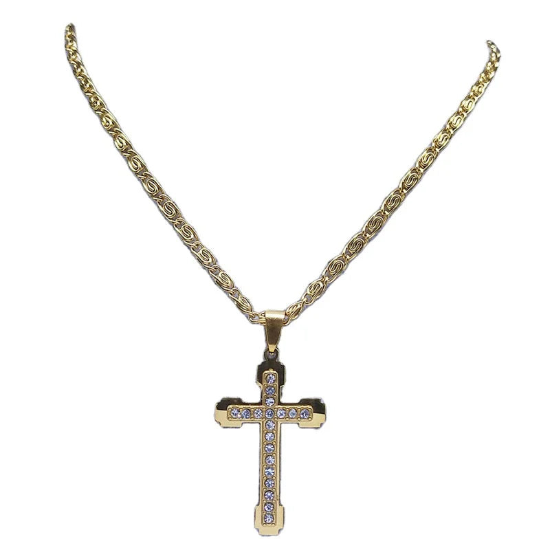 Waterproof Stainless Steel Cross Necklace with Gold Plating Non-Tarnish Religious Jewelry Christian Pendant for Men Gift