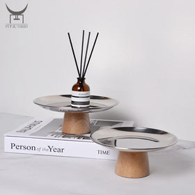 Modern Nordic Stainless Steel Wood Pedestal Single Tier Cake Stand Kitchen Tableware Snack Spice Jewelry Decorative Storage Tray
