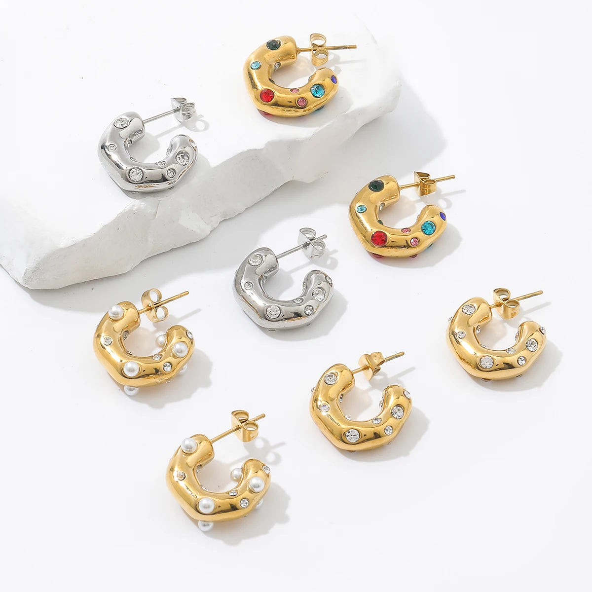 18K Gold Plated Stainless Steel Custom Hammered Color Zircon Jewelry C-Shaped CC Hoop Earrings for Women Girls Birthday Gift