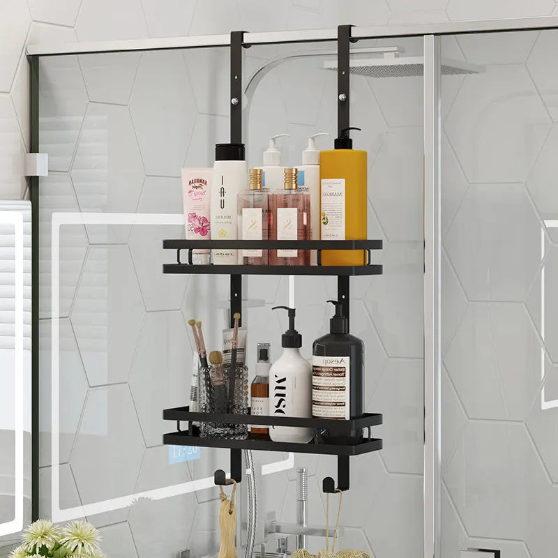 Modern Stainless Steel Shower Basket with Eco-Friendly Design Hang on Wall Black Dual Tier Corner Shelf