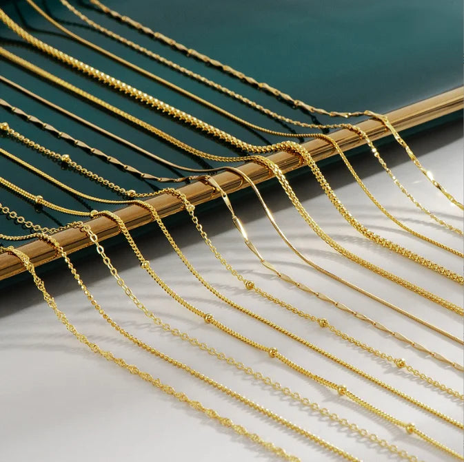 QIFEI S925 Sterling Silver Plated 18K Gold Chain Necklace Simple Cross Water Wave Box Basic Necklace
