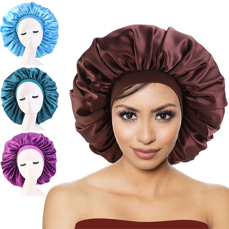 Wholesale Fashion Oversized Satin Round Cap Solid Color Sleep Cap Bonnets Women Bath Cap Elastic Band Mix Color Hair Accessories