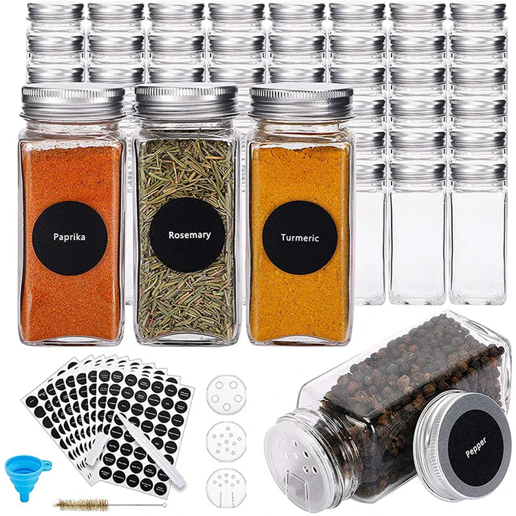 48 Pcs Empty Square Spice Bottles Shaker Lids and Airtight Metal Caps Spice Labels and Silicone Collapsible Funnel Included