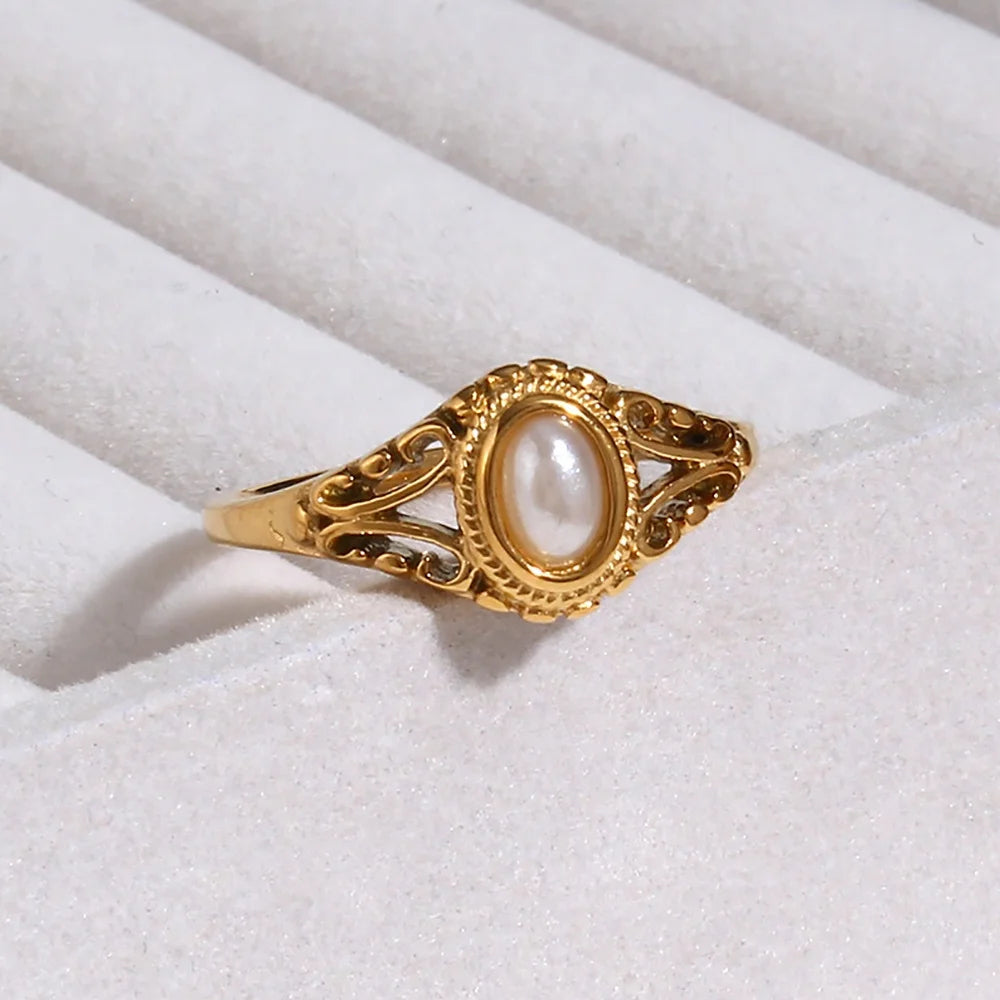 Drop Shipping Products Fresh Water Pearl Ring 18K Gold Plated Floral Design Stainless Steel Ring Engagement Rings for Women