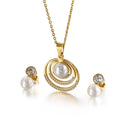 Popular Famous Crystal Round Stainless Steel Pearl Earring Necklace Set