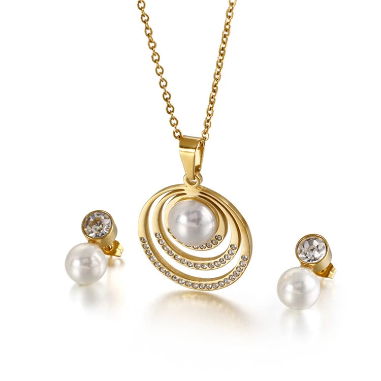 Popular Famous Crystal Round Stainless Steel Pearl Earring Necklace Set