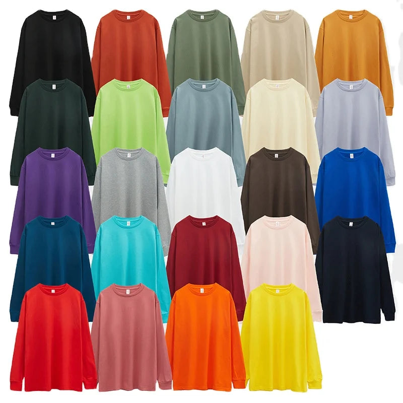 High Quality OEM Printed logo 250gsm Heavy Cotton O-neck Long Sleeve Tshirt Unisex Solid Color Men's Blank Long Sleeve T-shirt