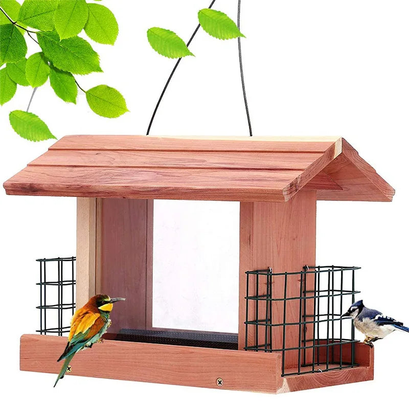 Handmade Wooden Outdoor Bird Feeder Garden Cedar Bird Feeder Hanging Weatherproof Wood Bird Feeder