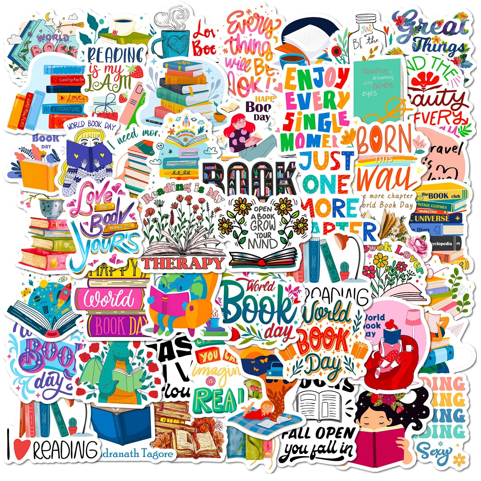 Newly 50PCS Aesthetic Library Decals Motivational Quote for Book Lover Bookish Cartoon  Book Reading Sticker