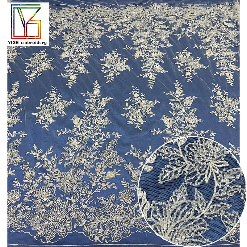 French White Bridal Tulle Embroidery Sequin Beaded Lace Fabric Handmade Luxury Wedding Beads Lace Fabric for Dresses Women