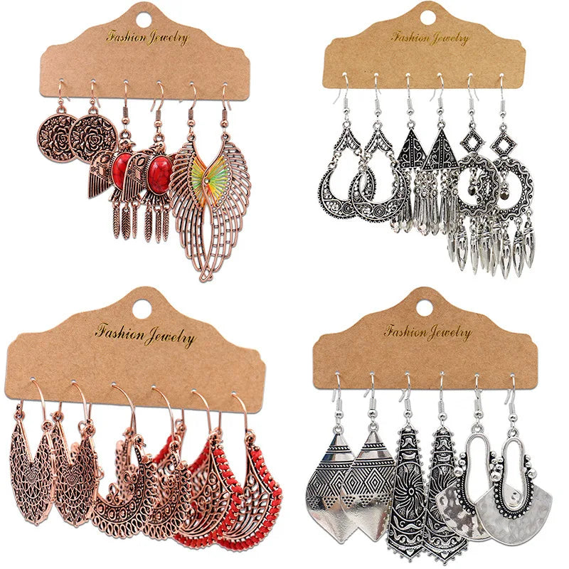 Fine 3 Pieces Set Vintage Hollow Carved Round Feather Tassel Earrings Bohemian Ethnic Earrings Geometric Dangles