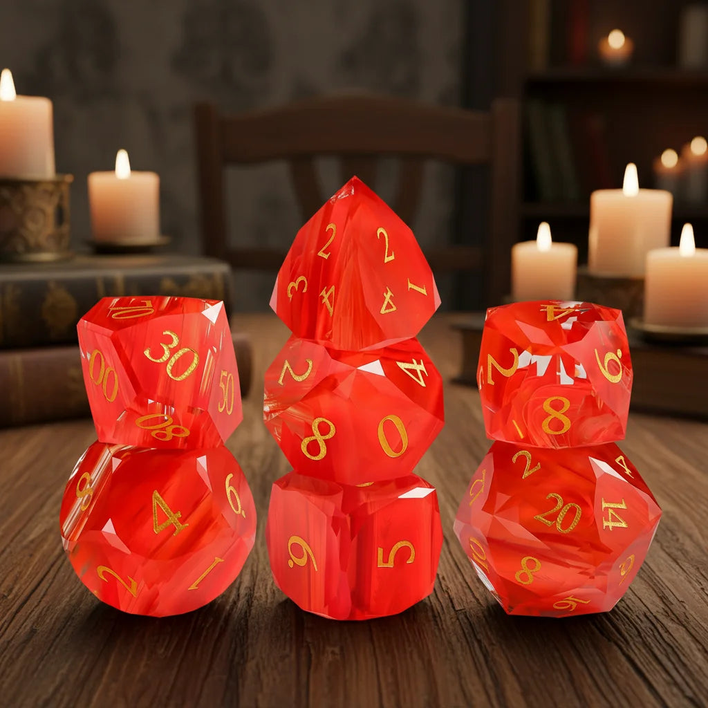 Red Glass Handmade 7-Piece Dice Set Multi-Faceted Diamond Cut Polyhedral D6/D20 DND Dice for RPG/Tabletop Games (Custom Logo)