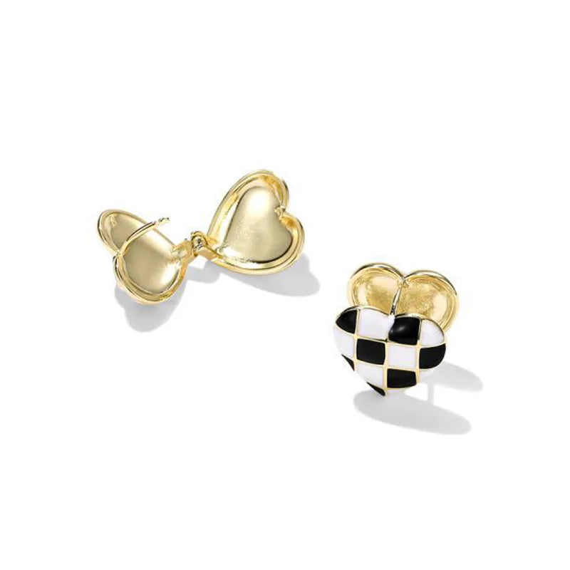 Wholesale Fashion Brass 14K Gold Plated Women's Ear Buckle Enamel Black and White Heart Shape Square Checkerboard Earrings