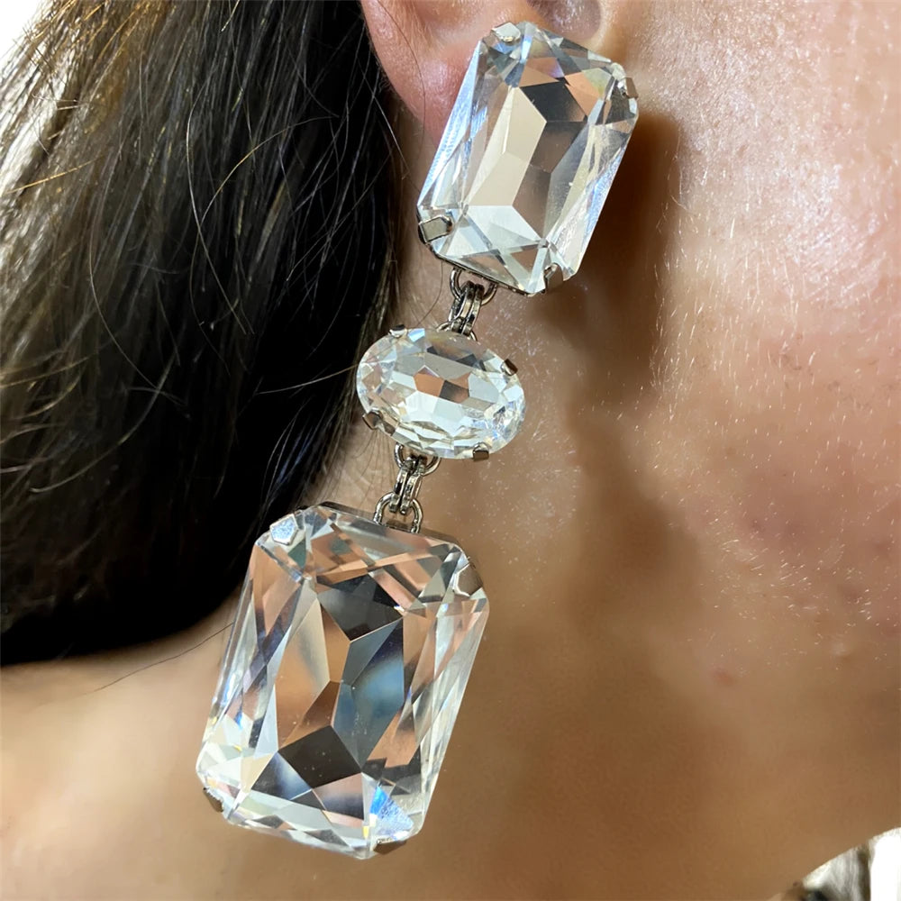 2023 Wholesale Fashion Jewelry New Luxury Ultra Flash Square Large Crystal Pendant Earrings Bohemian Bridal Wedding Gem Earrings