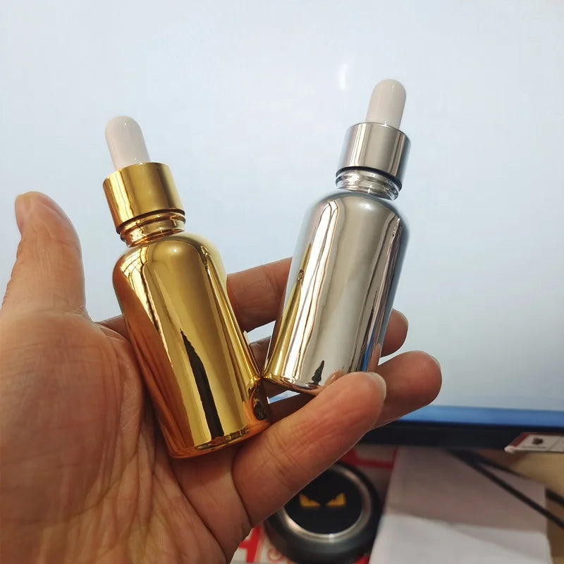 Refillable Electroplated Gold Silver Glass Bottle 5ml 10ml 20ml 30ml 50ml 100ml Essential Oil Dropper Bottle for Cosmetics